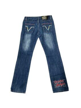 Christian Audigier Boot Cut Jeans Sz 31 Blue Low Rise Embroidered Rhinestones